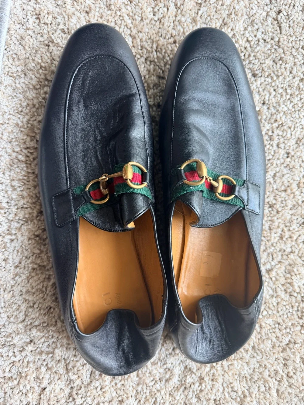 Gucci Black Leather Loafers with Green-Red Web & Gold Horsebit
